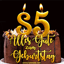 Animiertes GIF mit einer Schokoladen-Geburtstagstorte, großen goldenen Kerzen mit der Zahl 85 und einem dekorativen Text mit der Aufschrift 'Alles Gute zum Geburtstag'.