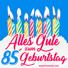 Ein buntes Geburtstags-GIF mit strahlenden Kerzen auf einer festlichen Torte zur Feier des 85.