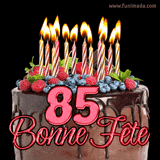 GIF animé pour un 85e anniversaire avec un somptueux gâteau au chocolat décoré de baies fraîches, des bougies allumées et le texte '85 Bonne Fête!' en rouge.