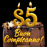 GIF animato con una torta al cioccolato decorata con crema, dettagli dorati e due candele accese che formano il numero 85. Messaggio 'Buon Compleanno' in scritta elegante.