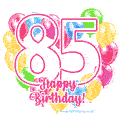 Colorful heart-shaped balloons frame GIF for a 85th birthday celebration
