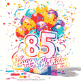 Animated star-shaped confetti, multicolor balloons, and a gift box in a joyful 85th birthday GIF