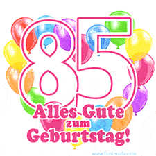 Ein verspieltes animiertes Geburtstags-GIF mit bunten Ballons in Herzform und der Zahl 85.