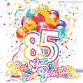 Animiertes Konfetti, mehrfarbige Luftballons und eine Geschenkbox in einem fröhlichen GIF zum 85. Geburtstag