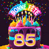 GIF animé pour un 85e anniversaire avec un gâteau au chocolat recouvert de glaçage arc-en-ciel, des bougies allumées, et le texte 'Bonne Fête' sur un fond étoilé et festif.