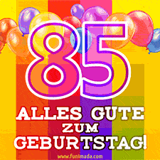 Große Zahl 35 in Umrissschrift, die Worte 'Alles Gute zum 85. Geburtstag', mehrfarbige animierte Ballons und lebendiger Hintergrund.