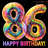 Shiny number 86 birthday celebration balloons with an iridescent glow and glitter on a black background with twinkling stars.