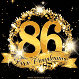 Il numero 86 è circondato da un anello dorato brillante, accompagnato da un nastro elegante con la scritta 'Buon Compleanno!' su uno sfondo scuro.