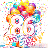 Animazione con palloncini colorati e scintillanti, accompagnata dal numero 86 in caratteri grandi e luminosi, e la scritta 'Tanti Auguri!' in stile vivace.