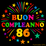 GIF animata 'Buon Compleanno 86' con lettere colorate e fuochi d'artificio