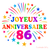 GIF animé joyeux anniversaire 86 ans avec étoiles multicolores et feu d’artifice