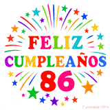 Imagen animada para felicitar los 86 años con letras de colores y diseño festivo.