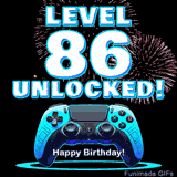 Animated GIF for a 86 birthday. The text 'Level 86 Unlocked!' and 'Happy Birthday!' are displayed over a blue video game controller with exploding fireworks in the background.
