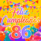Un GIF animado para un 86º cumpleaños, Muestra el texto 'Feliz Cumpleaños 86' sobre un fondo amarillo vibrante con globos de colores, banderines y una lluvia de confeti.