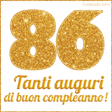 GIF animata per un 86° compleanno, Mostra il numero 86 in grandi caratteri dorati pieni di glitter scintillante, Sotto, la scritta 'Tanti auguri di buon compleanno!' in un elegante oro.
