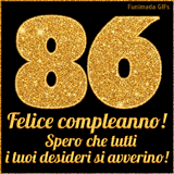 Un GIF animato per un 86° compleanno, Presenta il testo 'Buon Compleanno 86' su uno sfondo giallo vivo con palloncini colorati, festoni e una pioggia di coriandoli.