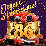 Une animation de célébration d'un gâteau de 86ème anniversaire, Des étoiles dorées tombent du ciel, mettant en valeur le texte 'Joyeux Anniversaire !' et le nombre doré 86 à l'avant du gâteau.