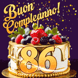 Un GIF animato di una bellissima torta per il 86° compleanno con glassa dorata e frutti di bosco freschi, Il numero dorato 86 è davanti, e stelle cadono su uno sfondo viola scuro.