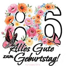 Ein florales GIF zum 86. Geburtstag. Die Zahl '86' ist von animierten Blumen und Schmetterlingen umgeben und bietet eine schöne und fröhliche Art, den Meilenstein zu feiern.