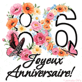 Ce GIF de Joyeux 86ème Anniversaire présente le nombre vingt rempli d'un bouquet vibrant de fleurs animées, avec des papillons qui bougent doucement sur un fond blanc.