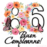 Questo GIF di Buon 86° Compleanno mostra il numero venti riempito con un vibrante bouquet di fiori animati, con farfalle che si muovono dolcemente su uno sfondo bianco.