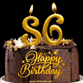 86 Birthday Chocolate Cake with Gold Glitter Number 86 Candles (GIF)