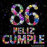 Llamativas joyas multicolores forman el número 86 y el texto FELIZ CUMPLE, resaltando claramente en un fondo oscuro de estrellas brillantes.