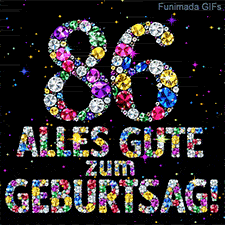 Die aus bunten Diamanten bestehende Zahl 86 und die Worte Alles Gute zum Geburtstag auf dunkler Leinwand mit kleinen funkelnden Sternen.