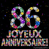 Le chiffre 86 et le lettrage Joyeux Anniversaire réalisés en joyaux éclatants de diverses couleurs sur une toile noire avec des étincelles.