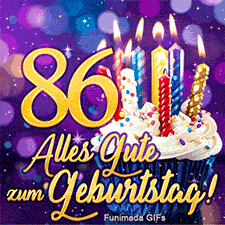 Goldene Ziffer 86, ein Törtchen mit Kerzen und der kursive Text 'Alles Gute zum Geburtstag!'. Alles hübsch arrangiert vor einem lila Lichtermeer.