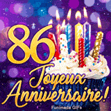 Image animée Joyeux Anniversaire 86 ans avec le chiffre 86 en or, un petit gâteau et des bougies scintillantes.