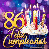 Imagen animada de Feliz Cumpleaños 86 años con el número 86 en oro, un pastelito y velas relucientes.