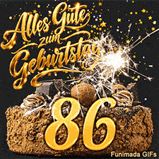 Die Ziffer 86 auf einem Schokoladenkuchen unter dem Spruch Alles Gute zum Geburtstag. Wunderkerzenfunken und Sternkonfetti beleben das Motiv.