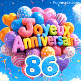 Flottant doucement contre des nuages blancs, ce bouquet de ballons colorés présente le texte Joyeux Anniversaire et le chiffre bleu 86 au bas.