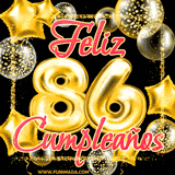 A large of balloons in various shapes, sizes, and colors with the words 'Happy Birthday' and a number 86