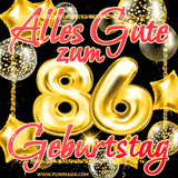 A vibrant greeting card featuring colorful balloons in the background with the large number '86' and the words 'Happy Birthday!' in glowing, bold text