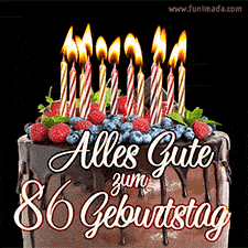 Das Geburtstags-GIF zeigt einen Schokoladenkuchen mit Beeren und Kerzen zur Feier eines 86. Geburtstags.