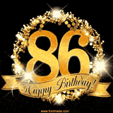 A golden 86th birthday GIF features a decorative circle and ribbon. The design sparkles with light and gold accents against a black background.