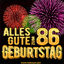 Ein dynamisches animiertes GIF mit buntem Feuerwerk und goldenen Zahlen, die den 86 Geburtstag hervorheben.