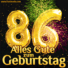 Große goldene Zahlen 86 auf schwarzem Hintergrund, die Worte 'Alles Gute zum Geburtstag' in goldener Schrift und ein spektakuläres Feuerwerk.