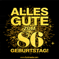 Ein GIF zum86. Geburtstag mit goldener Schrift und Feuerwerk auf schwarzem Hintergrund.