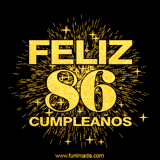 GIF animado con un diseño dorado, mostrando el número 86 rodeado de fuegos artificiales y luces que resaltan una atmósfera festiva y vibrante.