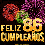 GIF animado con el número 86 en dorado, rodeado de fuegos artificiales rojos, verdes y morados, con el mensaje 'Feliz cumpleaños' en letras doradas.