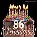 Feliz 86 cumpleaños pastel de chocolate. Imagen (GIF) con pastel y saludo.
