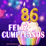 GIF animado de un cupcake decorado con confites, dos velas doradas encendidas formando el número 86, sobre un fondo púrpura brillante con destellos.
