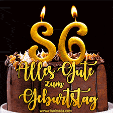 Animiertes GIF mit einer Schokoladen-Geburtstagstorte, großen goldenen Kerzen mit der Zahl 86 und einem dekorativen Text mit der Aufschrift 'Alles Gute zum Geburtstag'.