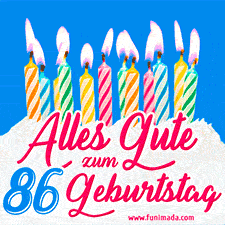 Ein buntes Geburtstags-GIF mit strahlenden Kerzen auf einer festlichen Torte zur Feier des 86.