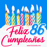 Animación de un pastel decorado con velas coloridas y encendidas, el número 86 destacado en azul y la frase 'Feliz cumpleaños' en letras estilizadas.