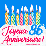GIF animé joyeux anniversaire pour 86 ans avec des bougies colorées allumées, un fond bleu vif et le texte 'Joyeux Anniversaire 86!' en écriture élégante.