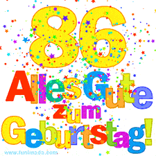 Geburtstags-GIF mit animierten bunten Sternen, der großen Zahl 86 und dem mehrfarbigen Text 'Alles Gute zum Geburtstag'.